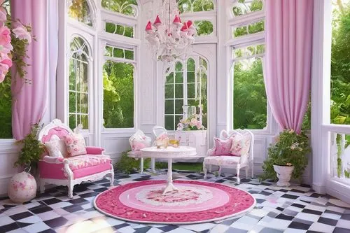 sunroom,ornate room,bay window,breakfast room,doll house,sitting room,victorian room,the little girl's room,conservatory,french windows,showhouse,cochere,beauty room,pearl border,interior decoration,housedress,porch,interior design,decors,dreamhouse,Illustration,Abstract Fantasy,Abstract Fantasy 22