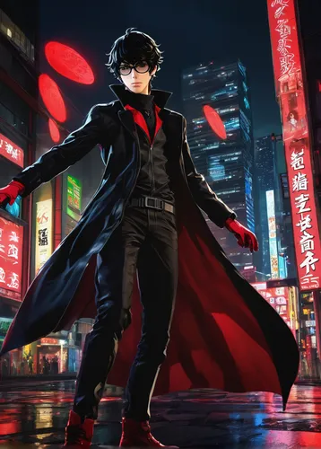 yukio,joker,persona,dark suit,3d crow,red hood,shinjuku,anime japanese clothing,superhero background,shibuya,comic hero,anime 3d,big hero,kid hero,cg artwork,swordsman,caped,detective,cartoon ninja,hero,Conceptual Art,Daily,Daily 18