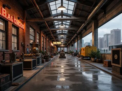 Industrial factory setting, exposed brick walls, metallic beams, concrete floors, utilitarian aesthetic, bold primary colors, distressed textures, vintage machinery, functional pipes, rusted metal acc