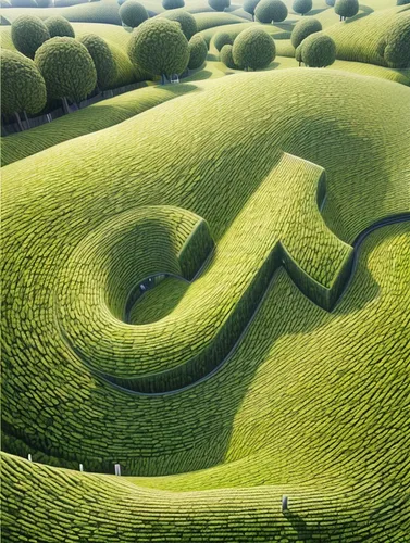 hedge,maze,green fields,vegetables landscape,chair in field,mushroom landscape,green landscape,landform,grass roof,cinema 4d,panoramical,block of grass,grass,clipped hedge,rolling hills,green meadow,t