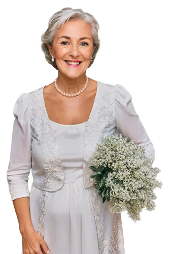 Elderly lady, 65th birthday, joyful smile, wrinkles, grey hair, elegant hairstyle, pearl necklace, bright makeup, mature lady, flowing white dress, golden embroidery, holding bouquet of flowers, stand