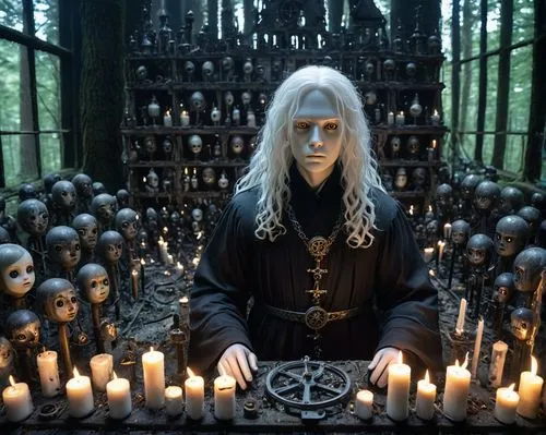 a mage with long white hair in a black robe casts an ice spell in a room full of clocks, the mystical and monumental atmosphere of the picture,volturi,raistlin,lacedaemonians,malakian,rosicrucianism,r