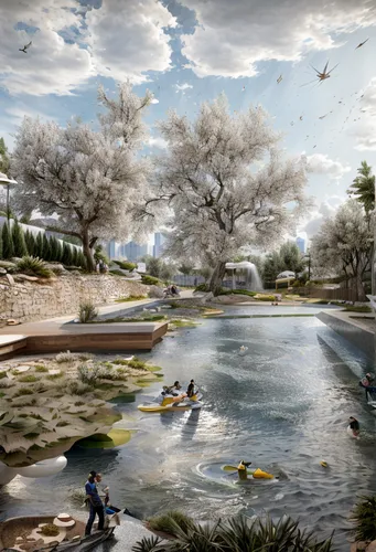 river of life project,salt meadow landscape,landscape designers sydney,landscape design sydney,japanese cherry trees,artificial islands,sake gardens,artificial island,the cherry blossoms,cherry trees,landscape plan,riverbank,flowering trees,wetlands,the golf valley,wetland,jordan river,riparian zone,3d rendering,sakura trees