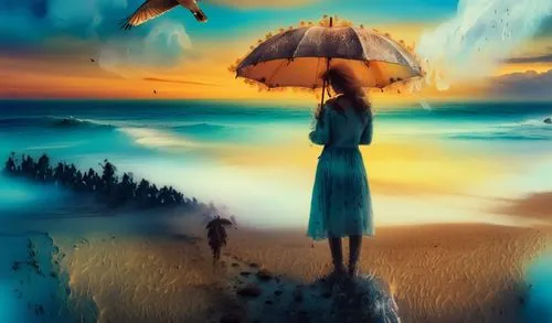 beautiful nude female 35 45 from brazil infront of the sea wave and amazing sunset flying bird above ,a woman in a swimsuit walking on the beach,little girl with umbrella,photo manipulation,surrealism