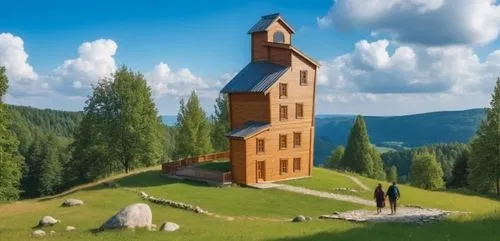 miniature house,stalin skyscraper,house in mountains,wooden church,fairy chimney,3d rendering