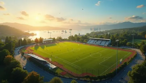 Lakefront sports fields, sunset time, warm golden light casting long shadows, lush green grass, football field, soccer field, basketball court, tennis court, track and field, modern stadium lights, me