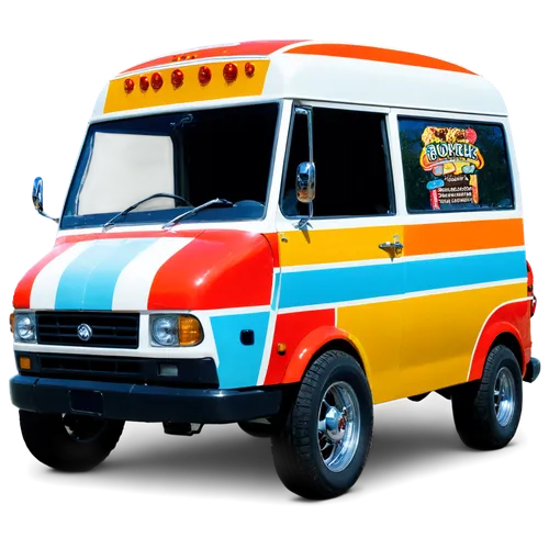 Colorful ice cream truck, vibrant colors, cheerful music, rounded shape, chrome handlebars, white roof, colorful stripes, shiny wheels, afternoon sunlight, soft focus, 3/4 composition, warm color tone