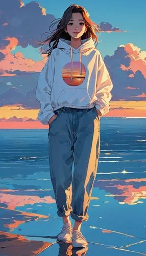 ocean,hausser,sweatshirt,beach background,sky,serene,Illustration,Japanese style,Japanese Style 06