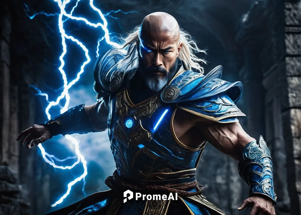 Elder God Raiden, muscular man, powerful build, bald head, thick beard, golden armor, intricate details, glowing blue eyes, electric attacks, dramatic lighting, stormy weather, ancient ruins, mysterio