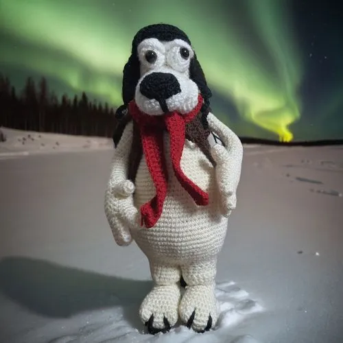 the snow covered ground has a large knit animal in it's arms,huskic,border collie,polar aurora,dubernard,siku,mawson