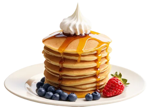 Delicious stack of pancakes, golden brown, syrup drips down, butter melting, fresh berries on top, whipped cream, morning sunlight, warm colors, shallow depth of field, 3/4 composition, soft focus, mo