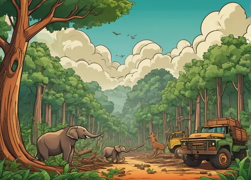 logging truck,cartoon elephants,safari,elephant camp,cartoon forest,forest animals,elephants,game illustration,cartoon video game background,elephant herd,logging,wild animals crossing,elephant ride,deforested,forest background,pachyderm,forest workers,african elephants,forests,elephants and mammoths,Illustration,Japanese style,Japanese Style 07