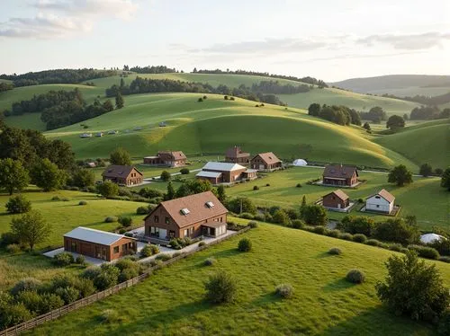 Rustic rural landscape, rolling hills, verdant pastures, traditional farmhouses, wooden fences, green roofs, solar panels, wind turbines, eco-friendly materials, sustainable energy solutions, natural 