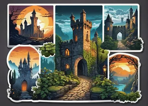 fairy tale icons,citadels,fantasy landscape,fairy tale castle,collected game assets,game illustration,fantasy city,townsmen,castle of the corvin,riftwar,knight village,castles,datacraft,bonnycastle,knight's castle,ravenloft,beleriand,background design,spires,castleguard,Unique,Design,Sticker