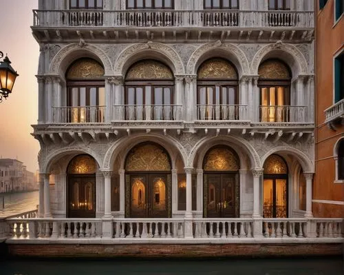 Venetian Gothic palace, ornate stone carvings, grand canal, water reflections, intricately designed balconies, pointed arches, Byzantine influences, majestic entrance, ornate doors, lanterns, golden a