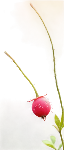 Rose hip, macro shot, close-up, detailed texture, soft pink color, delicate shape, thorny stem, green leaves, morning dew, warm lighting, shallow depth of field, 3/4 composition, cinematic atmosphere.