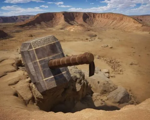 Make the rest of the picture. The hammer is surrounded by a big crater. The background is the New Mexico desert. Realistic detailed.,negev desert,judaean desert,dead sea scroll,sinkhole,the grave in t