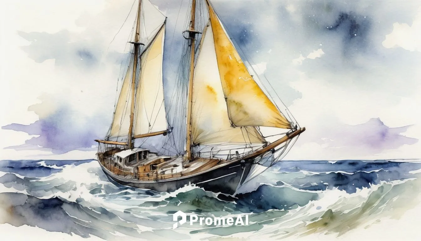 a sailboat on rough seas, watercolor Illustration, by Waterhouse, Carne Griffiths, Minjae Lee, Ana Paula Hoppe, Stylized ink art, Intricate, Complex contrast, HDR, Sharp, soft Cinematic Volumetric lig