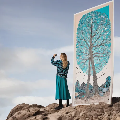 Describe a one-of-a-kind artwork that captivates everyone who sees it.,celtic tree,girl with tree,glass painting,birch tree illustration,tree signboard,wall painting,wind finder,argan tree,prayer flag