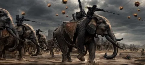 dark intense cinematic scene thousands of elephant showing on the historical battle field background  sun rise style noir comics octane rendered,horse herd,elephant herd,wildebeest,oxcart,horsemen,cav