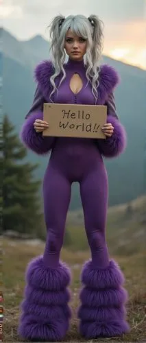 A 29yo model woman with light silver hair in a messy pigtails is holding a cardboard sign that reads "Hello World!!" , full body, she wear Electric purple ((skin-tight)) seamless jumpsuit with intrica