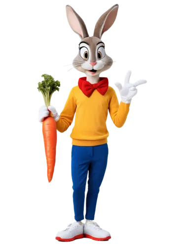 Cartoon character, Bugs Bunny, solo, (40yo), yellow fur, white gloves, blue pants, red sneakers, holding carrot, leaning against wall, relaxed pose, warm smile, bright eyes, soft focus, shallow depth 