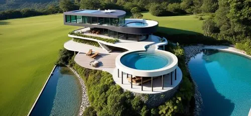 luxury property,dreamhouse,futuristic architecture,golf resort,mansion,infinity swimming pool,Photography,General,Realistic