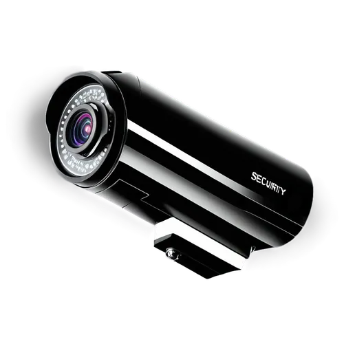 Security camera, sleek design, metallic body, black and white stripes, LED lights, rotating lens, wall-mounted, high-angle view, 3/4 composition, shallow depth of field, soft focus, morning light, cin