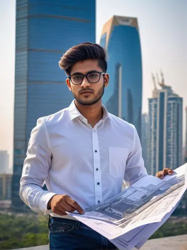 Architectural designer, 25yo, male, solo, stylish hair, black-framed glasses, white shirt, dark blue jeans, sneakers, holding a blueprint, standing, Noida cityscape, modern skyscrapers, busy streets, 