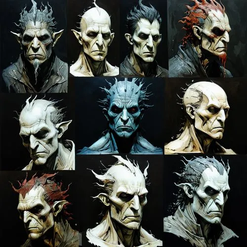 a po of a lot of different evil villain faces,frankensteins,sculpts,lacedaemonians,orcs,solas,inquisitors,Illustration,Abstract Fantasy,Abstract Fantasy 18