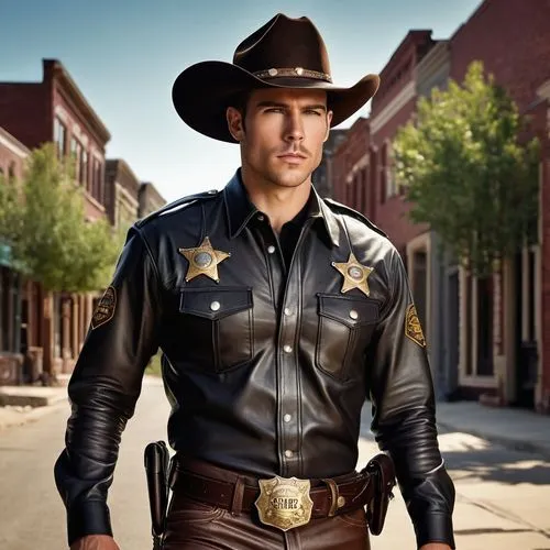 an insanely handsome sheriff, 25 years old, he has a southern accent, wearing leather pants and leather shirt, with a large belt buckle in the shape of a sheriff badge that says sheriff on it, in town