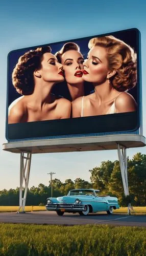 show me a big drive-in screen and a gorgeous love scene between tow women,drive-in theater,billboard advertising,vw split screen,billboards,advertising campaigns,jcdecaux,advertises,retro pin up girls