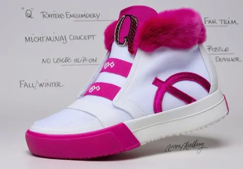 Sock upper sneaker, embroidered  "Q" logo on tongue, fur collar, two elastic band, circle and line logo on vamp, all white with deep fuscia accent color scheme ,LOCO Nicki Minaj sneaker 2,doll shoes,p