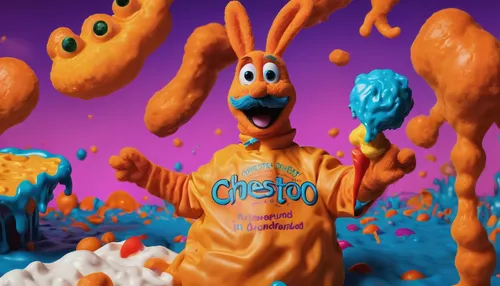 Compose a poem about Chester Cheeto's adventures in a cheesy wonderland.,hamburger helper,klepon,cheese puffs,salmonella,orangina,plasticine,cereal germ,polyp,sponges,three-lobed slime,orange,bombay m