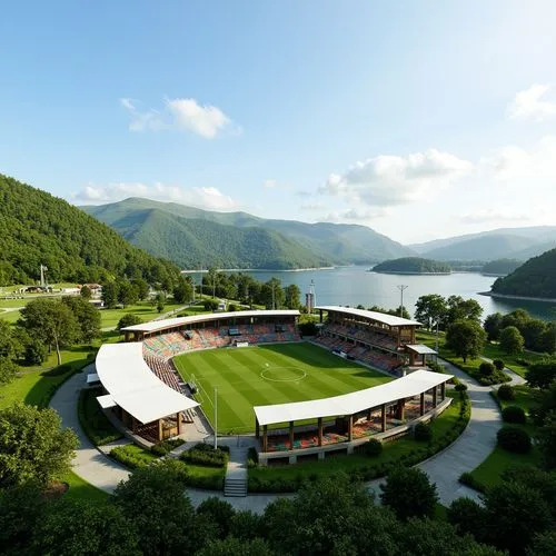 Green stadium, lush vegetation, rolling hills, serene lake views, walking trails, outdoor recreational spaces, modern sports architecture, cantilevered roofs, large overhangs, natural stone facades, g