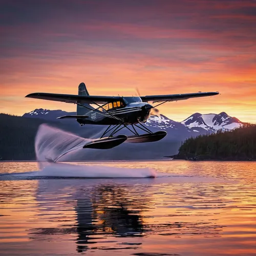 Floatplane Taking Off at Sunrise in Ketchikan, Alaska<br />,seaplane,flying boat,grumman llv,de havilland canada dhc-4 caribou,sport aircraft,cessna 206,cessna 210,ultralight aviation,cessna,consolida