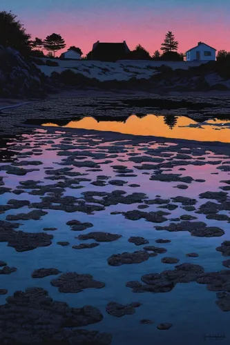 Tidal Pool at Dusk by  Jim Holland - Masterpiece Online,japan landscape,shirakami-sanchi,salt pan,purple landscape,jingzaijiao tile pan salt field,aso kumamoto sunrise,beach landscape,tsukemono,pink d