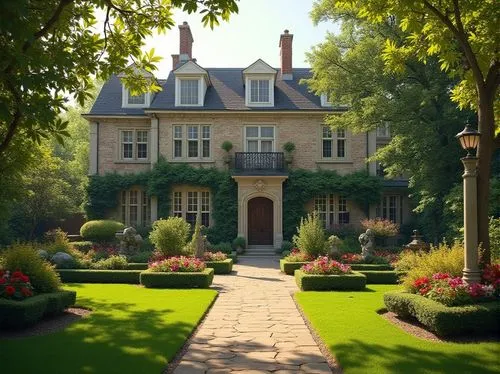 Classic homes, elegant garden, symmetrical pathways, ornate iron gates, lush green lawn, blooming colorful flowers, manicured hedges, stone statues, tranquil water features, vintage street lamps, bric