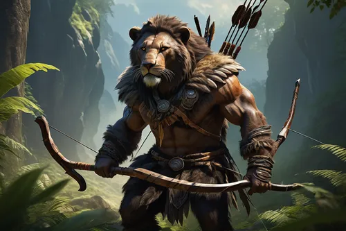 man, protagonist, Takkar, stealth pose, holding bow and arrow, fur clothing, tribal tattoos, face paint, intense eyes, muscular build, action scene, prehistoric forest, lush greenery, hunting mammoth,