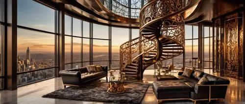 spiral staircase,penthouses,the observation deck,winding staircase,sky apartment,observation deck,staircase,spiral stairs,art deco,paris balcony,great room,opulence,observation tower,opulently,interior design,ornate room,grandfather clock,circular staircase,high rise,livingroom,Illustration,Realistic Fantasy,Realistic Fantasy 13