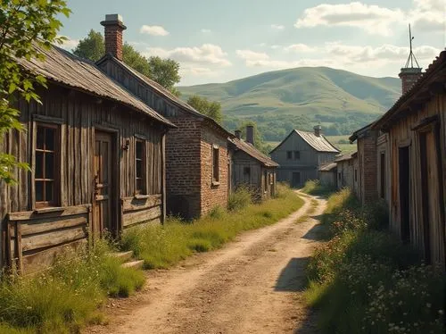 Rustic corrugated iron, vintage architecture, rural setting, rolling hills, countryside landscape, worn wooden fences, overgrown wildflowers, old farmhouses, distressed brick walls, tin roofs, weather