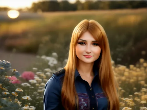 girl in flowers,beautiful girl with flowers,flower background,landscape background,girl in a long,portrait background,meadow,romantic portrait,photo painting,world digital painting,field of flowers,sp