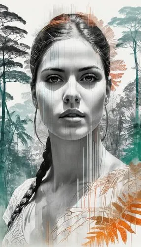 eretria,cherokee,world digital painting,zarahemla,aborigine,tirunal,katniss,sacagawea,maryan,inanna,shamanism,longhena,kahlan,amerindian,abnegation,ninhursag,shamanic,warrior woman,indian woman,digital artwork,Illustration,Black and White,Black and White 30