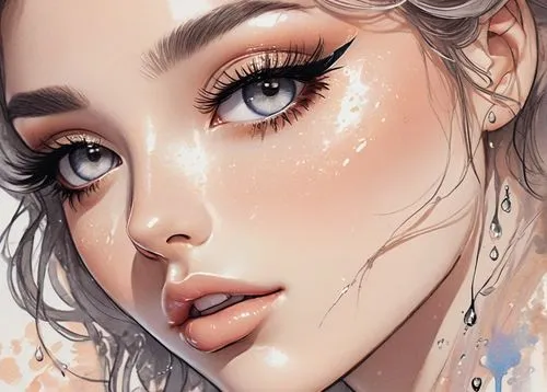 fantasy portrait,angel's tears,digital art,digital painting,closeup,glitter eyes,digital illustration,tears bronze,water pearls,face portrait,digital artwork,illustrator,skin texture,girl portrait,mystical portrait of a girl,women's eyes,girl drawing,watery heart,boho art,detail shot,Illustration,Black and White,Black and White 34