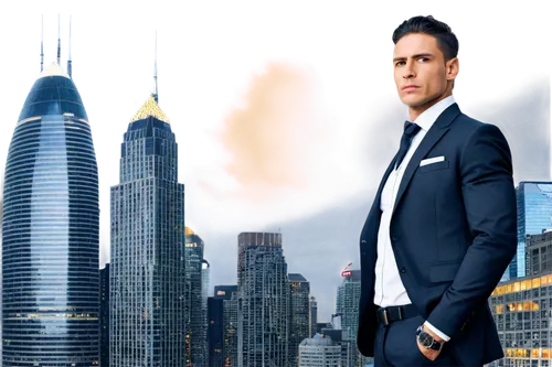 Muscular man, business suit, white shirt, black tie, silver watch, classic hairstyle, confident expression, standing pose, hands in pockets, city skyscraper background, 3/4 composition, low-key lighti