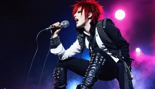 Kazara, visual kei, Japanese rock musician, bold red hair, striking blue eyes, pale skin, black eyeliner, bold eyebrows, white shirt, black pants, silver studded belt, leather boots, microphone, live 