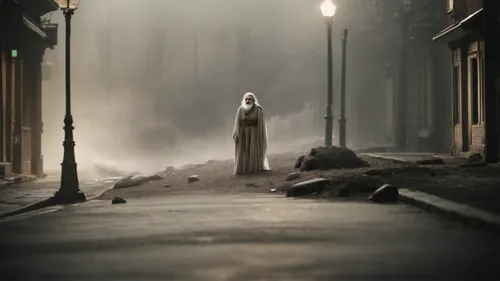 lamplighter,girl walking away,girl in a long dress,woman walking,sleepwalker,photomanipulation,streetlight,street lamp,conceptual photography,the nun,photo manipulation,street light,gas lamp,atmospheric,apparition,light of night,veil fog,street lamps,evening atmosphere,streetlamp