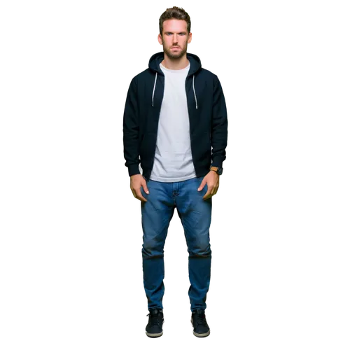 Man, casual wear, hoodie, athletic build, relaxed posture, messy hair, stubble, intense gaze, black sneakers, denim jeans, urban setting, warm lighting, shallow depth of field, 3/4 composition, cinema