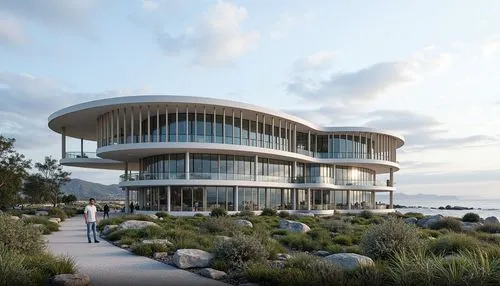 Organic coastal office building, wavy lines, undulating curves, shell-inspired fa\u00e7ade, ocean-blue glass, driftwood accents, sea-salt weathered stone, beachy textures, natural ventilation systems,