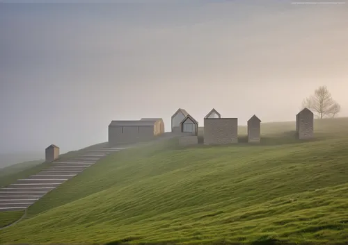 Traditional and modern small cabins laying on a hill side. Stone and wood as materials. ,foggy landscape,barns,ardennes,icelandic houses,morning mist,home landscape,landscape photography,landscape bac